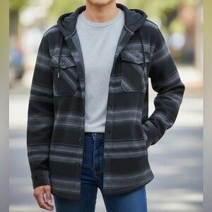 Quiksilver Men’s Hooded Shirt Jacket XL Black Gray Striped NWT Heavyweight